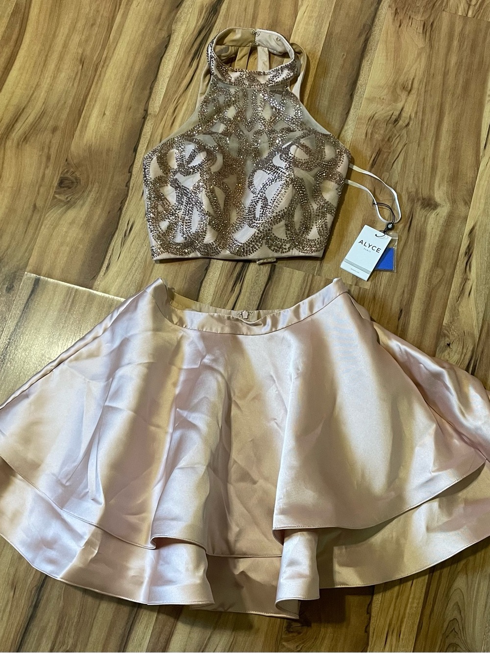 NWT Alyce Paris Blush Beaded Crop Top Flared Skirt Formal Dress 2pc Set Sz 8